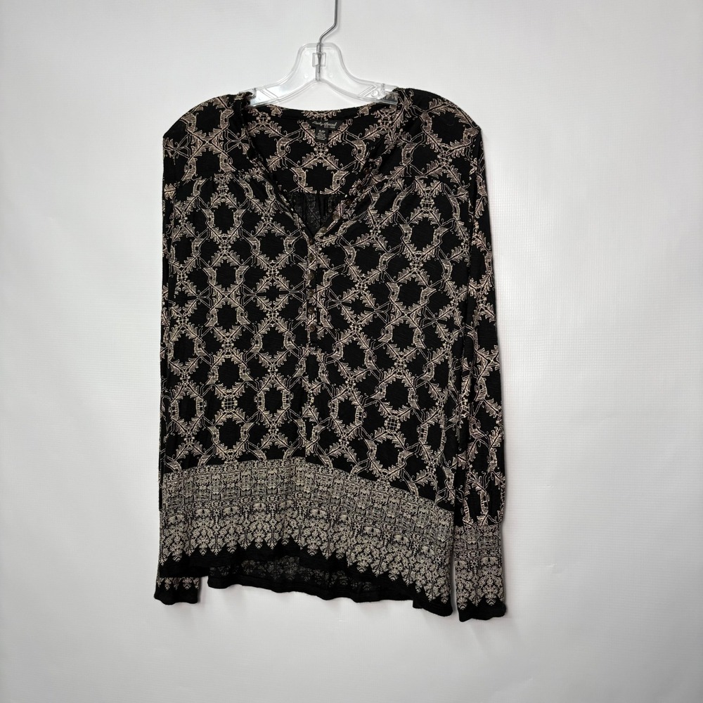 Lucky Brand Womens Black Cream Geometric Medallion Boho Henley Blouse Small